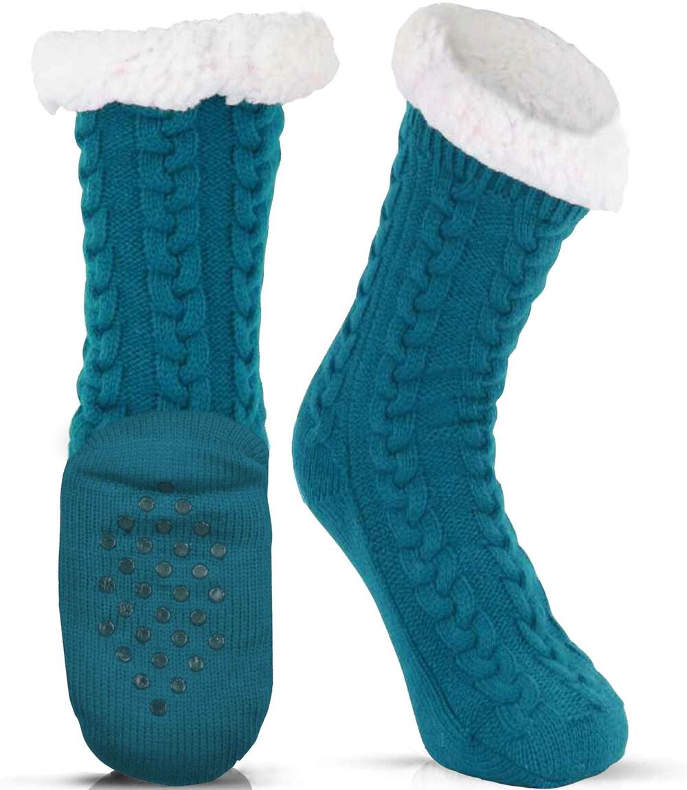 Luthra Pike Womens Slipper Socks Teal Cable Knit Sherpa Lined Non Slip Gripper